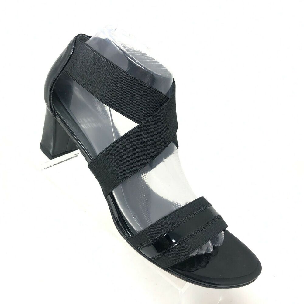 Stuart Weitzman Strappy Sandal Womens‎ 8.5 Elastic Black Patent Chunky Heel